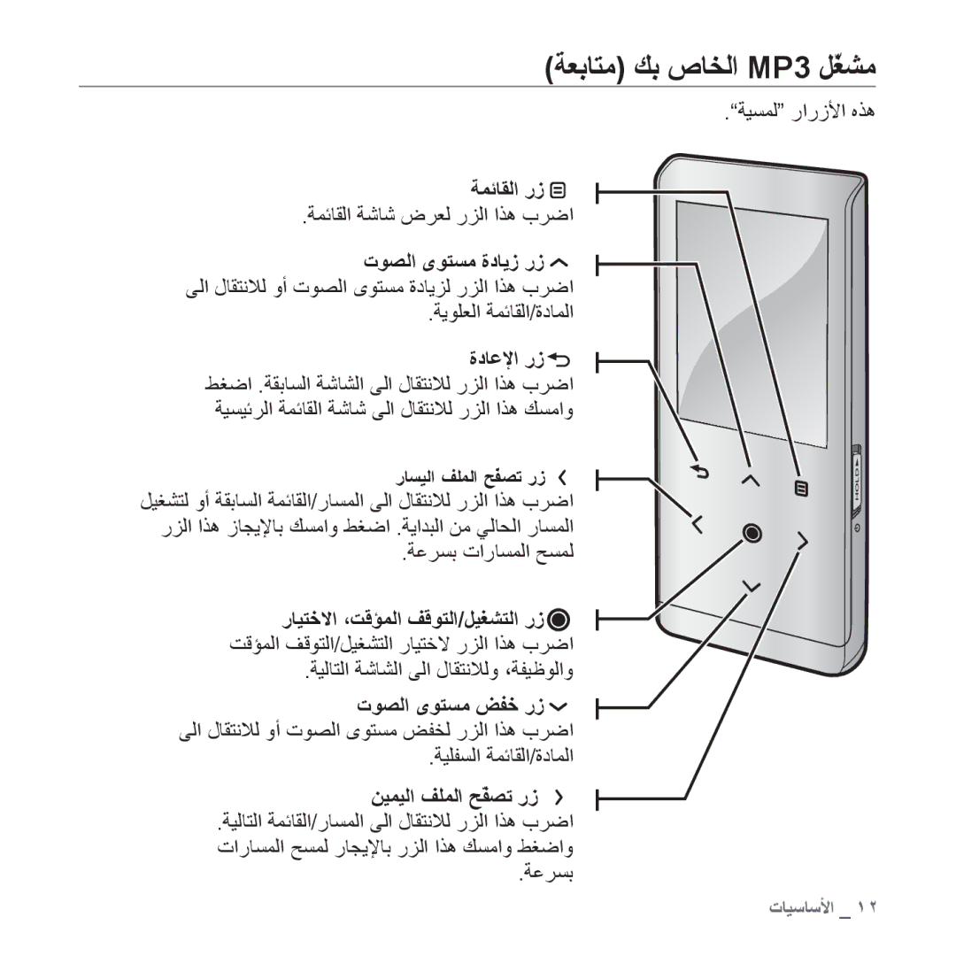 Samsung YP-T10AG/MEA, YP-T10AR/MEA, YP-T10AR/AAW, YP-T10AW/MEA ﺔﻌﺑﺎﺘﻣ ﻚﺑ ﺹﺎﺨﻟﺍ MP3 ﻞّﻐﺸﻣ, ﺔﻤﺋﺎﻘﻟﺍ ﺭﺯ, ﻦﻴﻤﻴﻟﺍ ﻒﻠﻤﻟﺍ ﺢّﻔﺼﺗ ﺭﺯ 