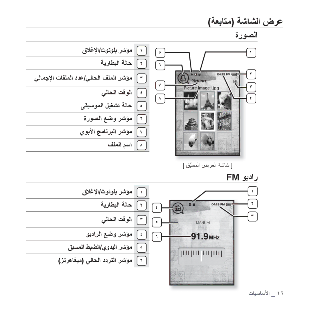 Samsung YP-T10AW/HAC, YP-T10AR/MEA, YP-T10AR/AAW manual ﺓﺭﻮﺼﻟﺍ, Fm ﻮﻳﺩﺍﺭ, ﻕﻼﻏﻹﺍ/ﺙﻮﺗﻮﻠﺑ ﺮﺷﺆﻣ ﺔﻳﺭﺎﻄﺒﻟﺍ ﺔﻟﺎﺣ, ﻖّﺒﺴﻤﻟﺍ ﺽﺮﻌﻟﺍ ﺔﺷﺎﺷ 