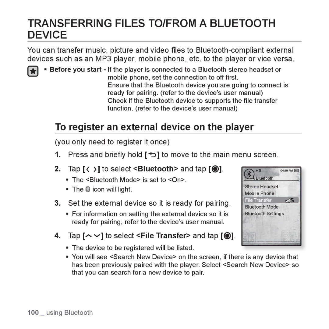 Samsung YP-T10CB/HAC manual Transferring Files TO/FROM a Bluetooth Device, To register an external device on the player 