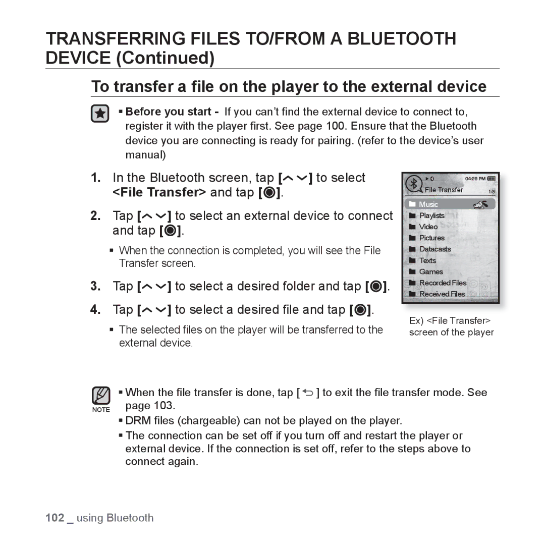 Samsung YP-T10QU/HAC, YP-T10AR/MEA, YP-T10AR/AAW, YP-T10AW/MEA manual To transfer a ﬁle on the player to the external device 