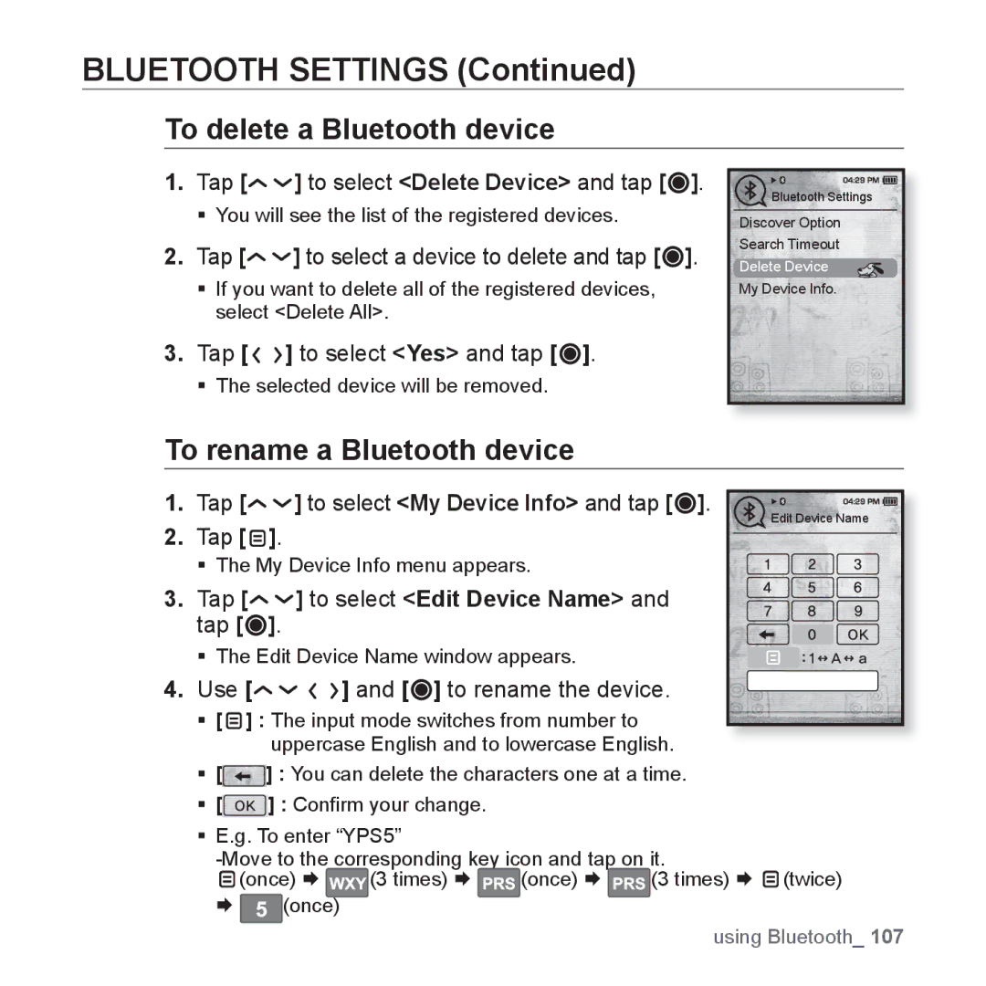 Samsung YP-T10QR/XSV, YP-T10AR/MEA manual Bluetooth Settings, To delete a Bluetooth device, To rename a Bluetooth device 