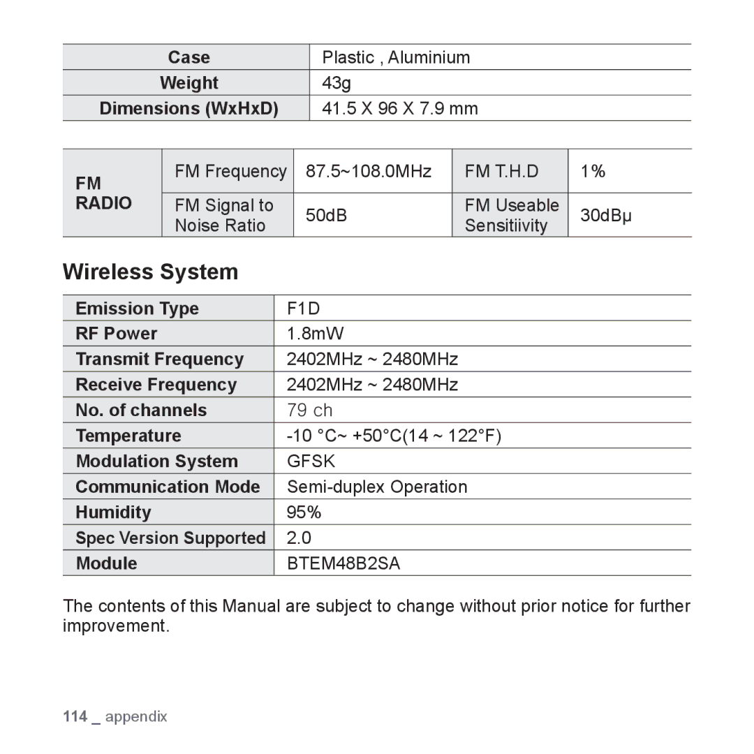 Samsung YP-T10AR/MEA, YP-T10AR/AAW, YP-T10AW/MEA, YP-T10QR/MEA, YP-T10AU/AAW, YP-T10CB/MEA, YP-T10QG/HAC manual Wireless System 