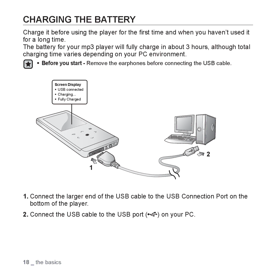 Samsung YP-T10QU/MEA, YP-T10AR/MEA, YP-T10AR/AAW, YP-T10AW/MEA, YP-T10QR/MEA, YP-T10AU/AAW, YP-T10CB/MEA Charging the Battery 