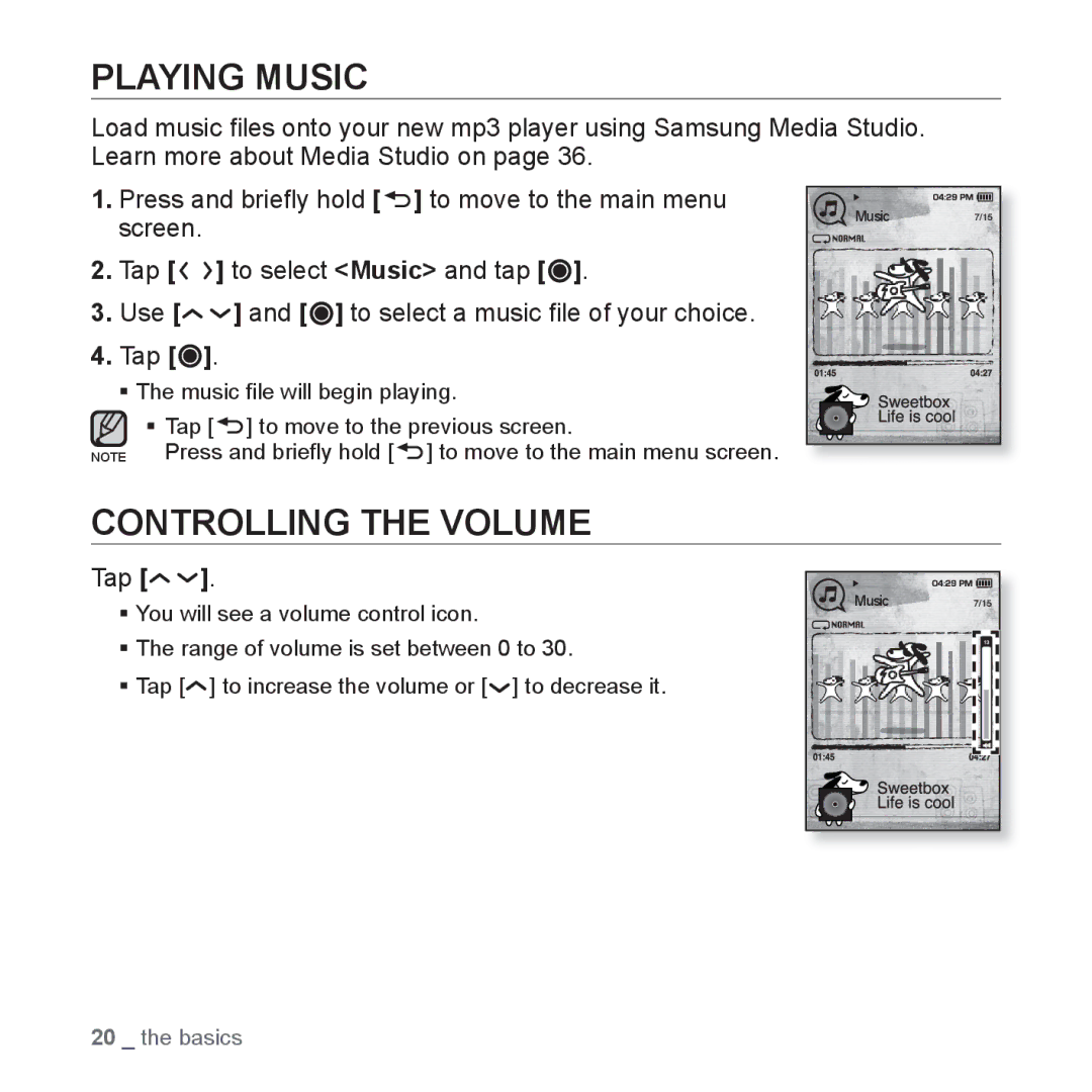 Samsung YP-T10QB/MEA, YP-T10AR/MEA, YP-T10AR/AAW, YP-T10AW/MEA, YP-T10QR/MEA manual Playing Music, Controlling the Volume, Tap 