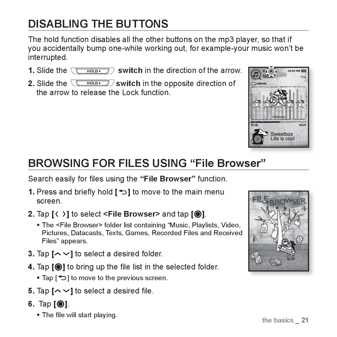 Samsung YP-T10QG/MEA manual Disabling the Buttons, Browsing for Files Using File Browser, Tap to select a desired ﬁle 