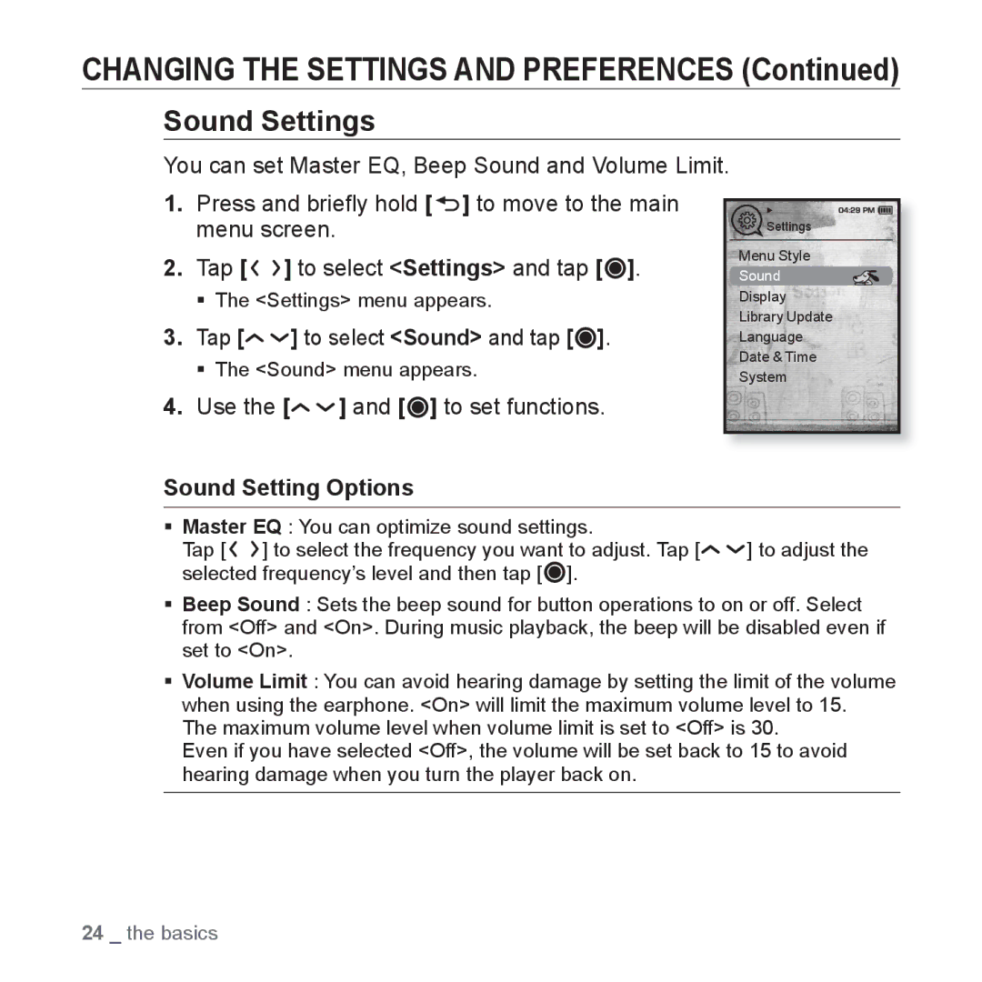 Samsung YP-T10CB/HAC, YP-T10AR/MEA, YP-T10AR/AAW manual Sound Settings, Tap To select Sound and tap, Sound Setting Options 