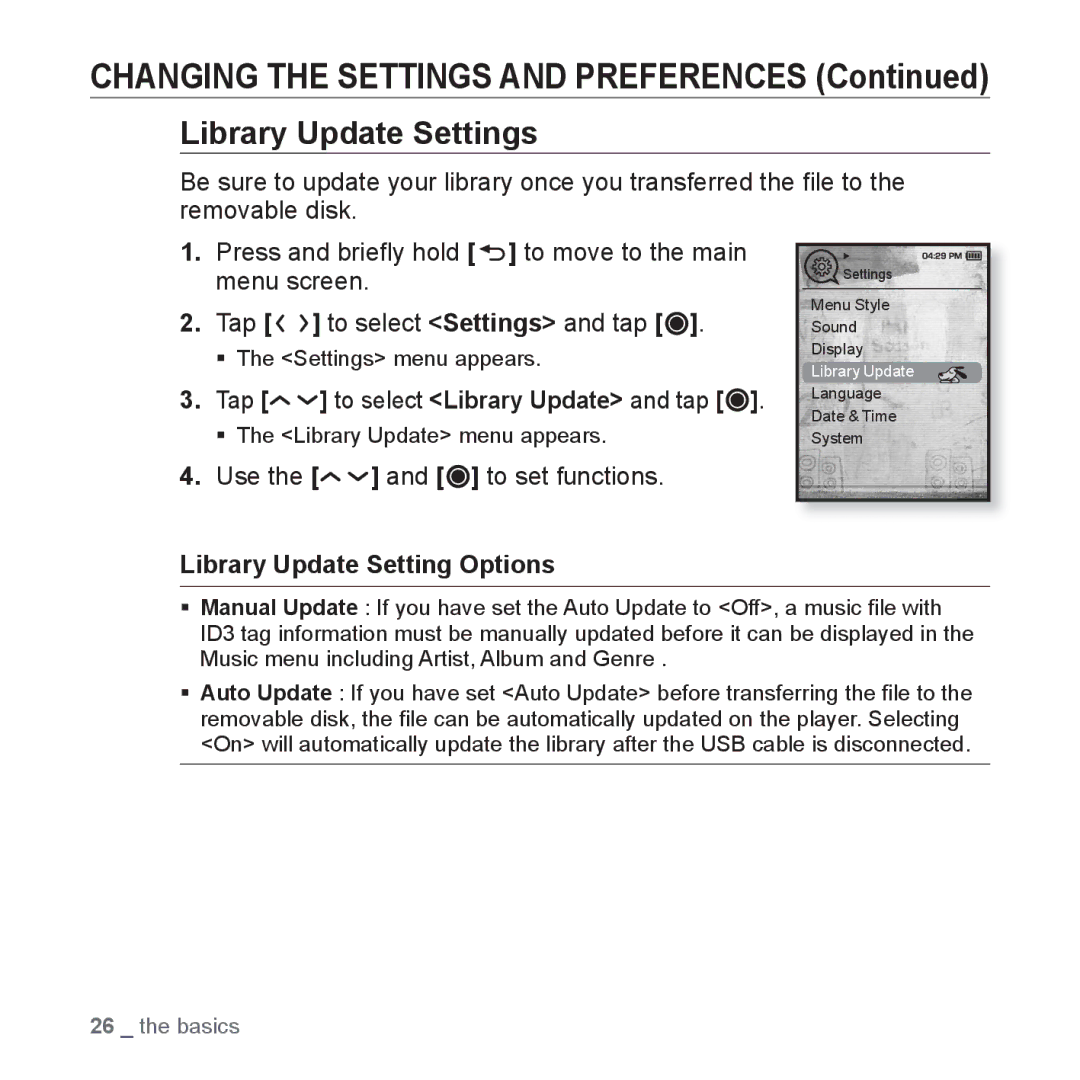 Samsung YP-T10QU/HAC, YP-T10AR/MEA, YP-T10AR/AAW, YP-T10AW/MEA manual Library Update Settings, Library Update Setting Options 