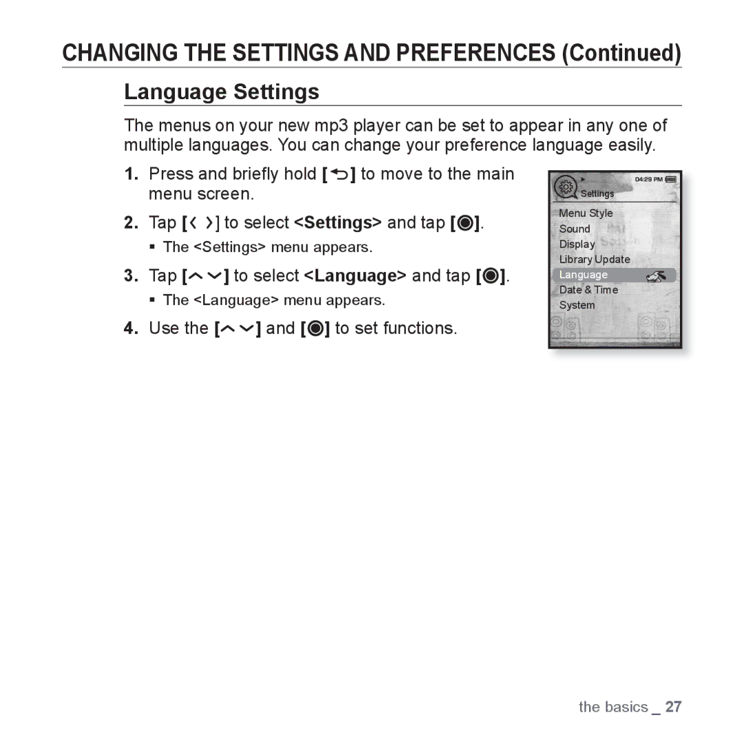 Samsung YP-T10QW/HAC, YP-T10AR/MEA, YP-T10AR/AAW, YP-T10AW/MEA manual Language Settings, Tap to select Language and tap 