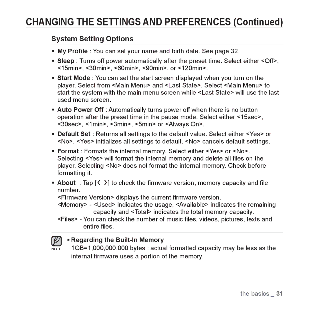 Samsung YP-T10QR/XSV, YP-T10AR/MEA, YP-T10AR/AAW, YP-T10AW/MEA manual System Setting Options, ƒ Regarding the Built-In Memory 