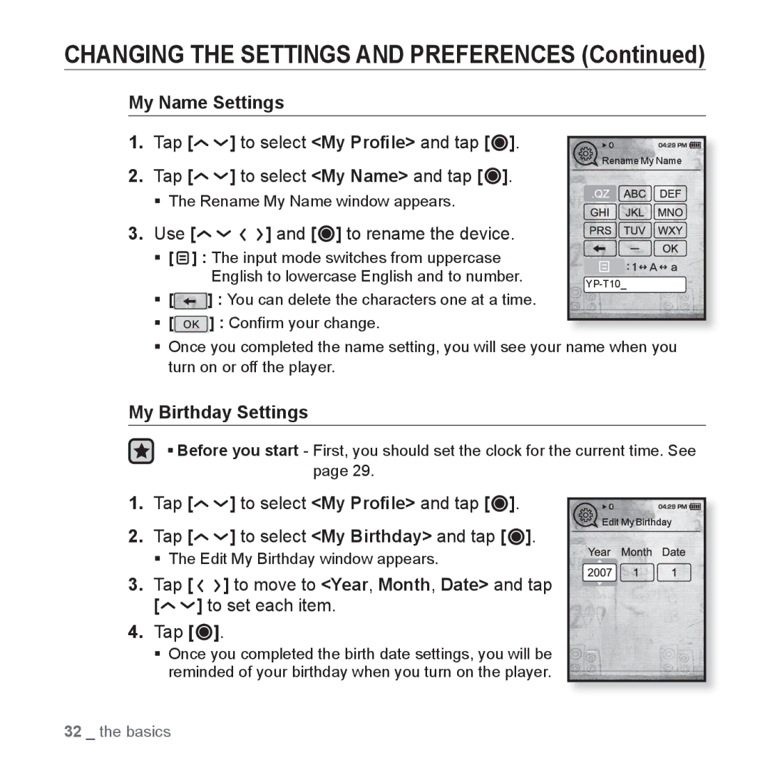 Samsung YP-T10AB/XSV, YP-T10AR/MEA manual My Name Settings Tap, Tap To select My Name and tap, Use, My Birthday Settings 