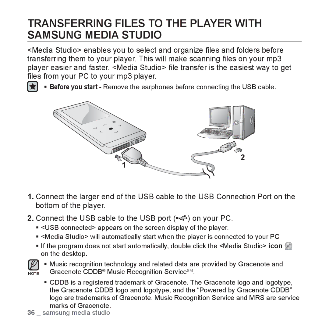 Samsung YP-T10AB/SUN, YP-T10AR/MEA, YP-T10AR/AAW, YP-T10AW/MEA Transferring Files to the Player with Samsung Media Studio 