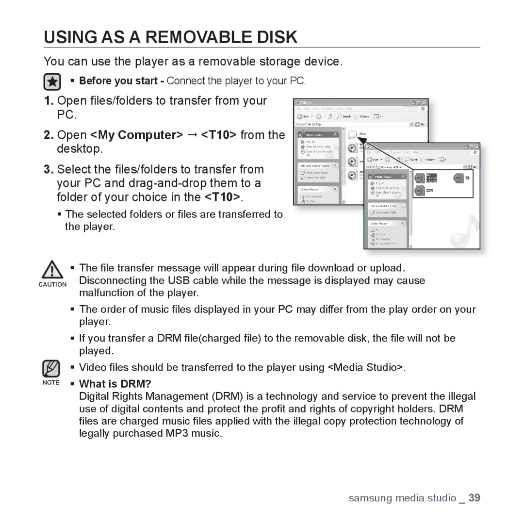 Samsung YP-T10AR/AAW manual Using AS a Removable Disk, You can use the player as a removable storage device, ƒ What is DRM? 