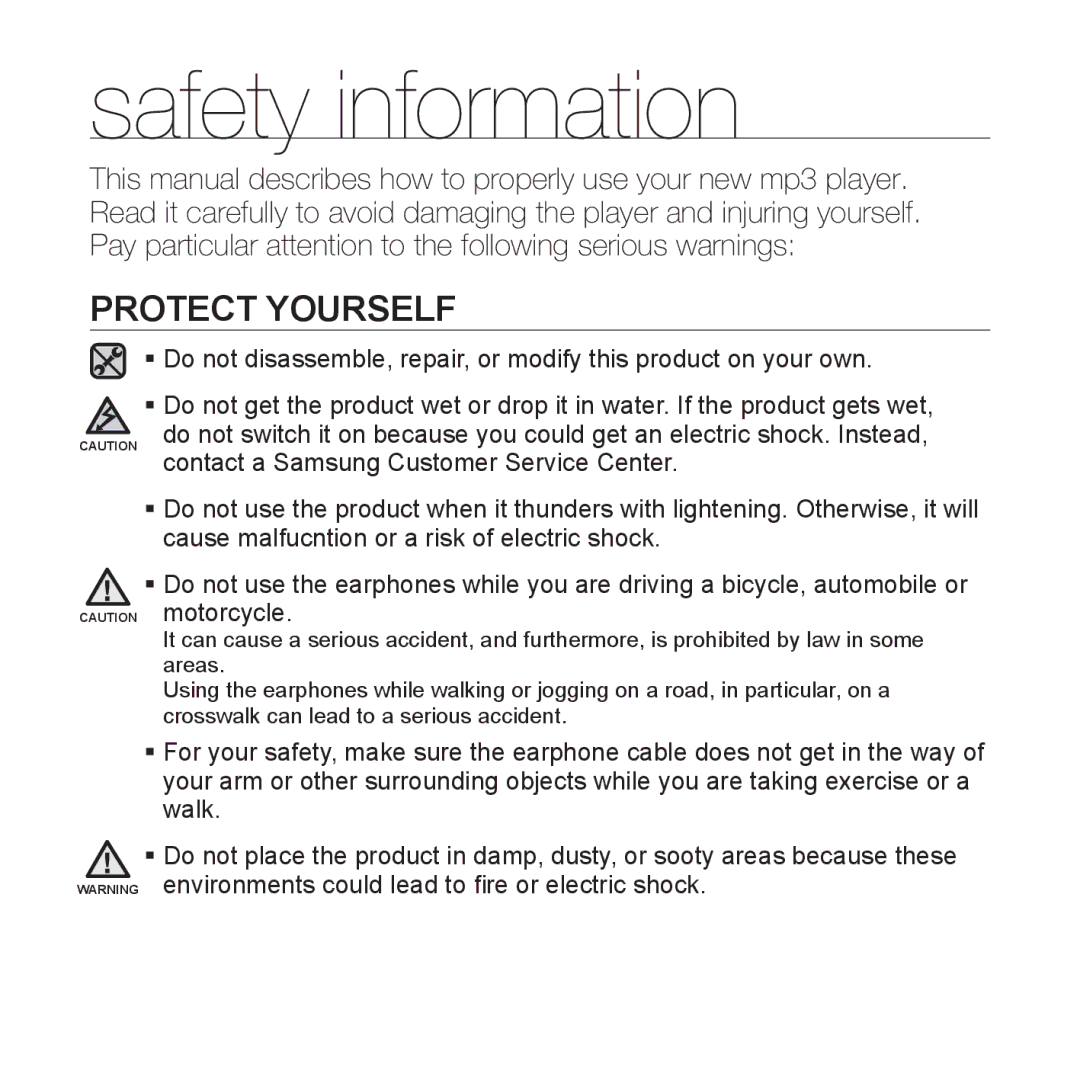 Samsung YP-T10AU/AAW, YP-T10AR/MEA, YP-T10AR/AAW, YP-T10AW/MEA, YP-T10QR/MEA, YP-T10CB/MEA, YP-T10QG/HAC manual Protect Yourself 