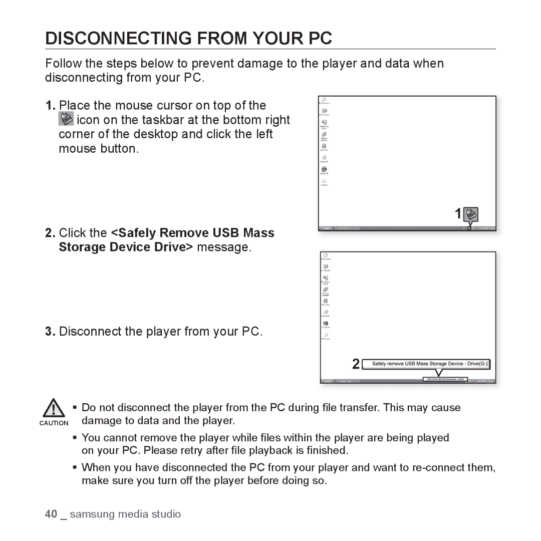 Samsung YP-T10AW/MEA manual Disconnecting from Your PC, Click the Safely Remove USB Mass, Storage Device Drive message 