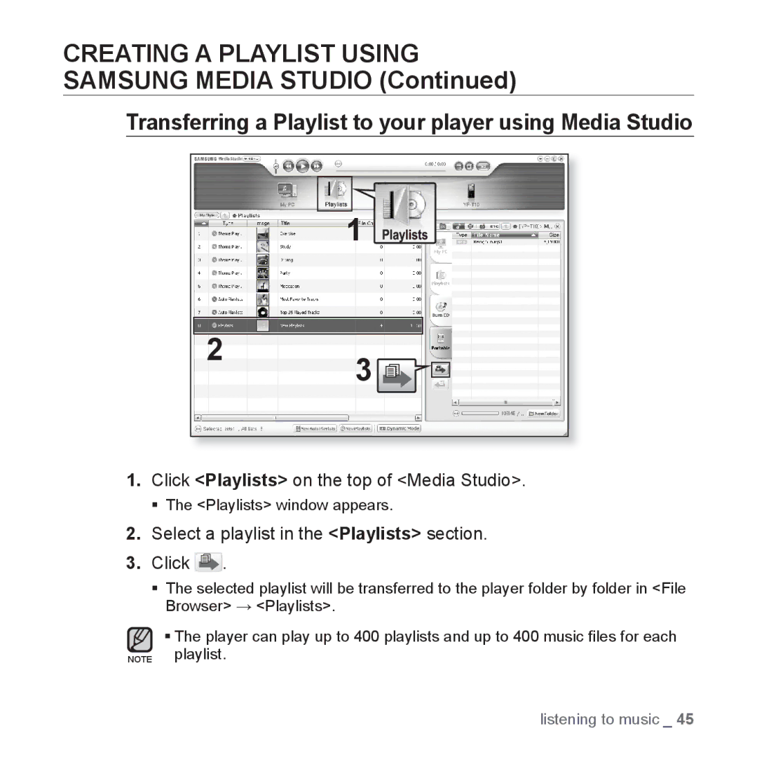 Samsung YP-T10QW/MEA manual Creating a Playlist Using, Samsung Media Studio, Click Playlists on the top of Media Studio 