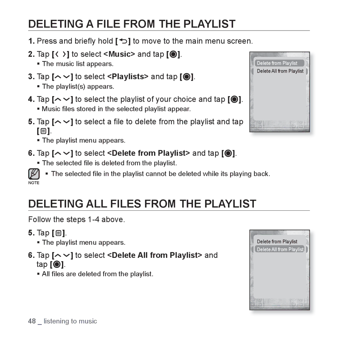 Samsung YP-T10AB/MEA, YP-T10AR/MEA, YP-T10AR/AAW Deleting a File from the Playlist, Deleting ALL Files from the Playlist 