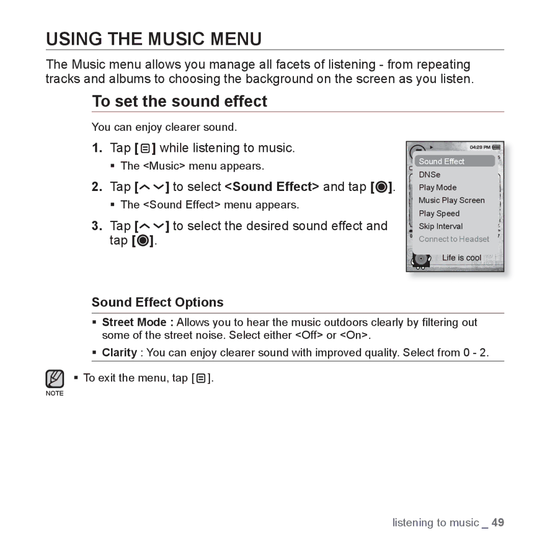 Samsung YP-T10AW/AAW, YP-T10AR/MEA, YP-T10AR/AAW manual Using the Music Menu, To set the sound effect, Sound Effect Options 