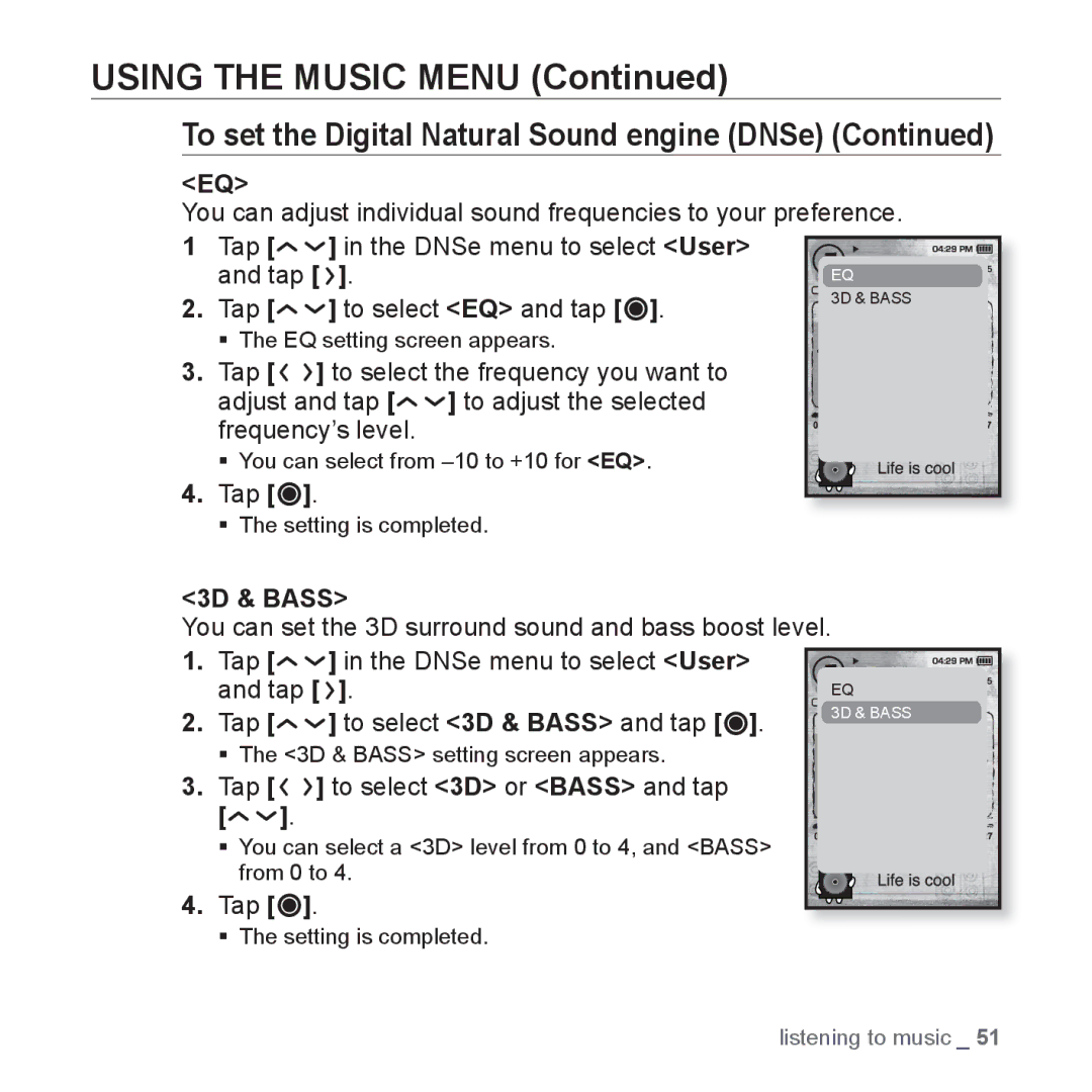 Samsung YP-T10QR/AAW, YP-T10AR/MEA, YP-T10AR/AAW, YP-T10AW/MEA, YP-T10QR/MEA manual 3D & Bass, Tap to select 3D or Bass and tap 