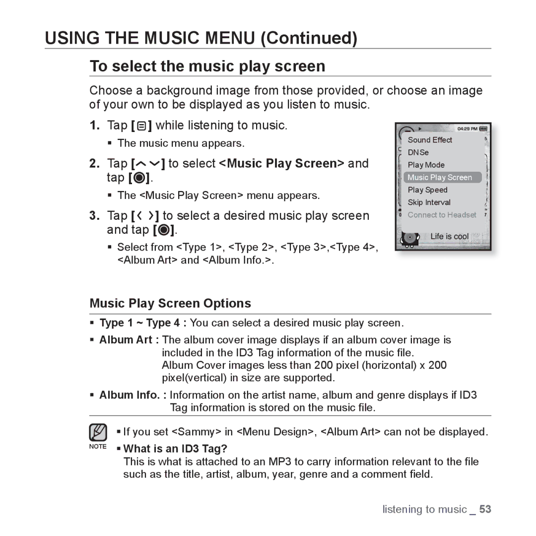 Samsung YP-T10QW/AAW To select the music play screen, Tap to select Music Play Screen and tap, Music Play Screen Options 