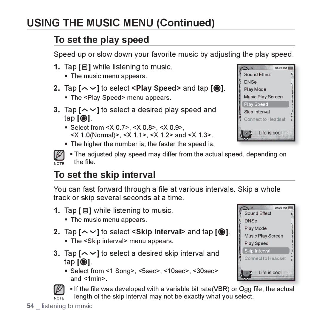 Samsung YP-T10AW/HAC, YP-T10AR/MEA manual To set the play speed, To set the skip interval, Tap While listening to music 