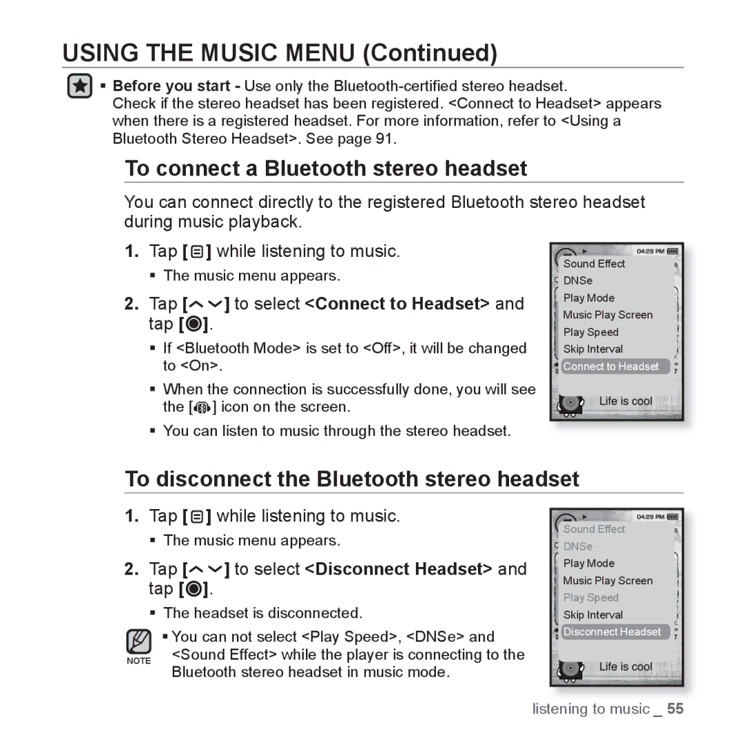 Samsung YP-T10QU/AAW, YP-T10AR/MEA manual To connect a Bluetooth stereo headset, To disconnect the Bluetooth stereo headset 