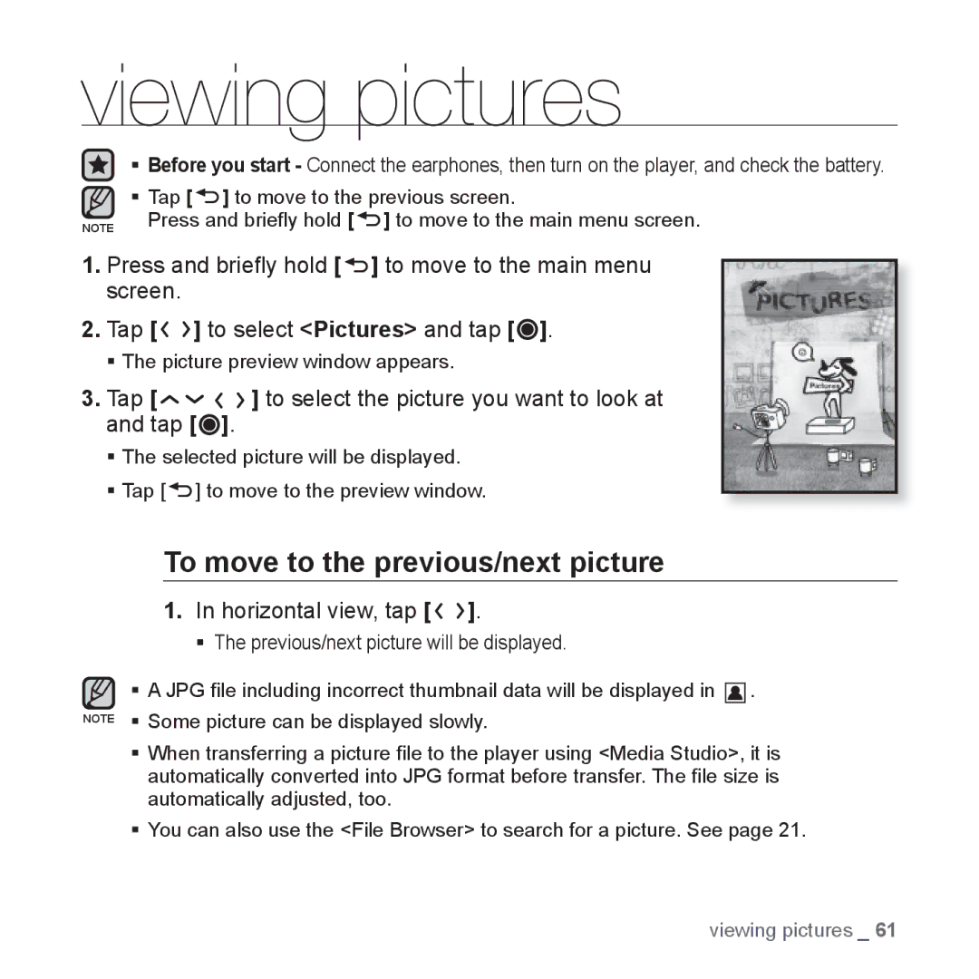 Samsung YP-T10AR/HAC, YP-T10AR/MEA manual Viewing pictures, To move to the previous/next picture, Horizontal view, tap 