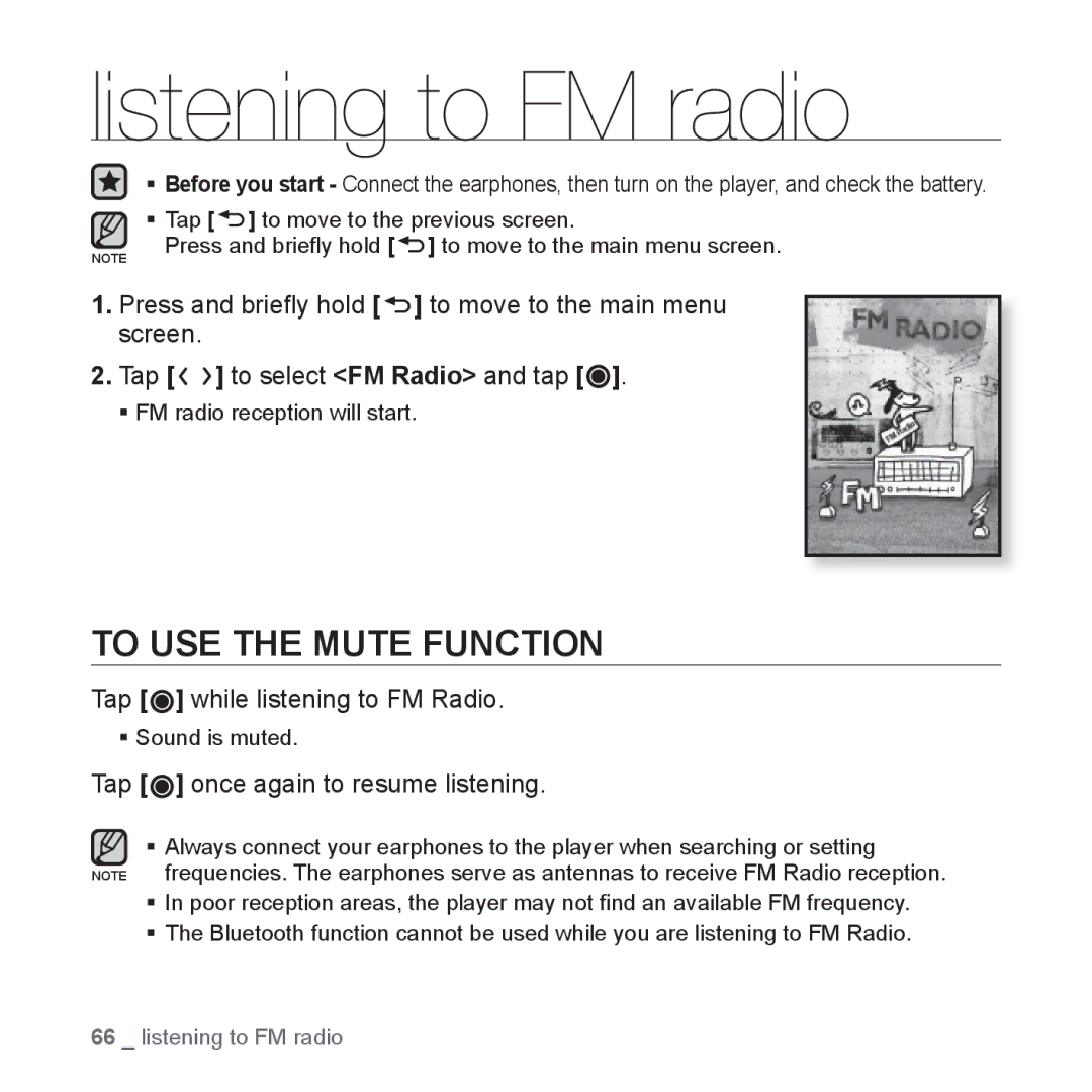 Samsung YP-T10CW/XSV, YP-T10AR/MEA manual Listening to FM radio, To USE the Mute Function, Tap while listening to FM Radio 