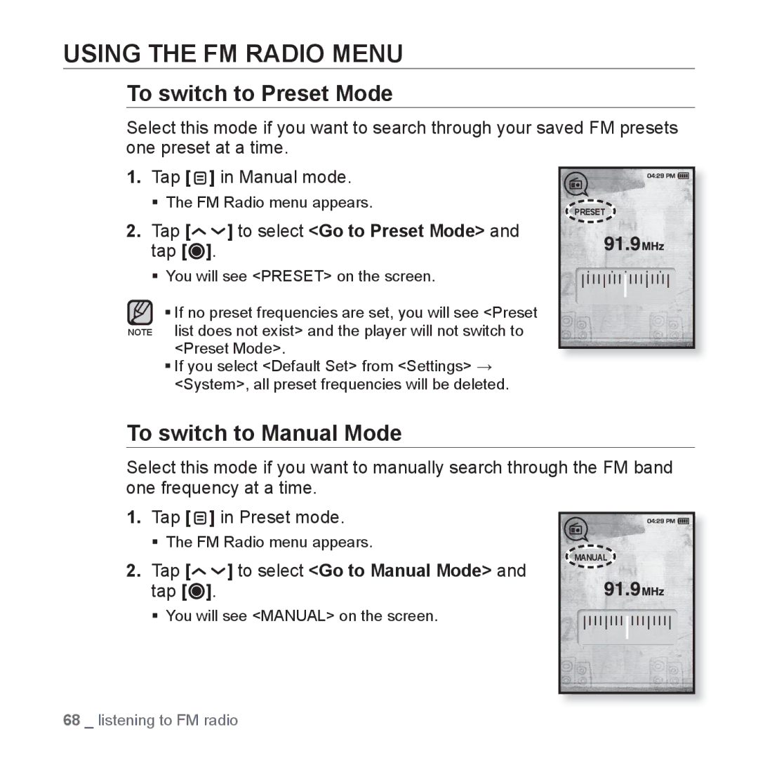 Samsung YP-T10QB/XSV, YP-T10AR/MEA manual Using the FM Radio Menu, To switch to Preset Mode, To switch to Manual Mode 