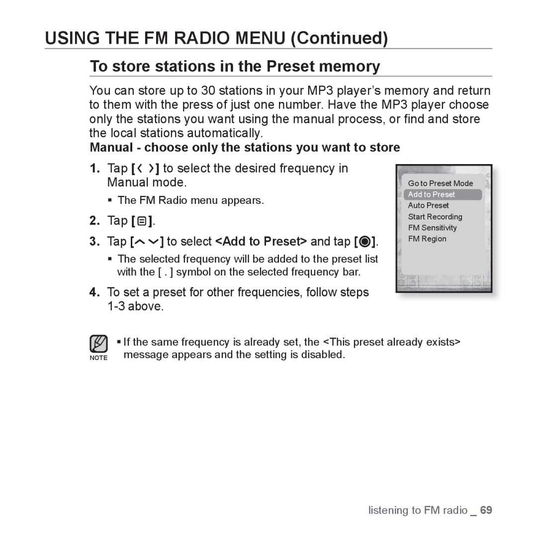 Samsung YP-T10QR/XSV, YP-T10AR/MEA, YP-T10AR/AAW manual Using the FM Radio Menu, To store stations in the Preset memory 