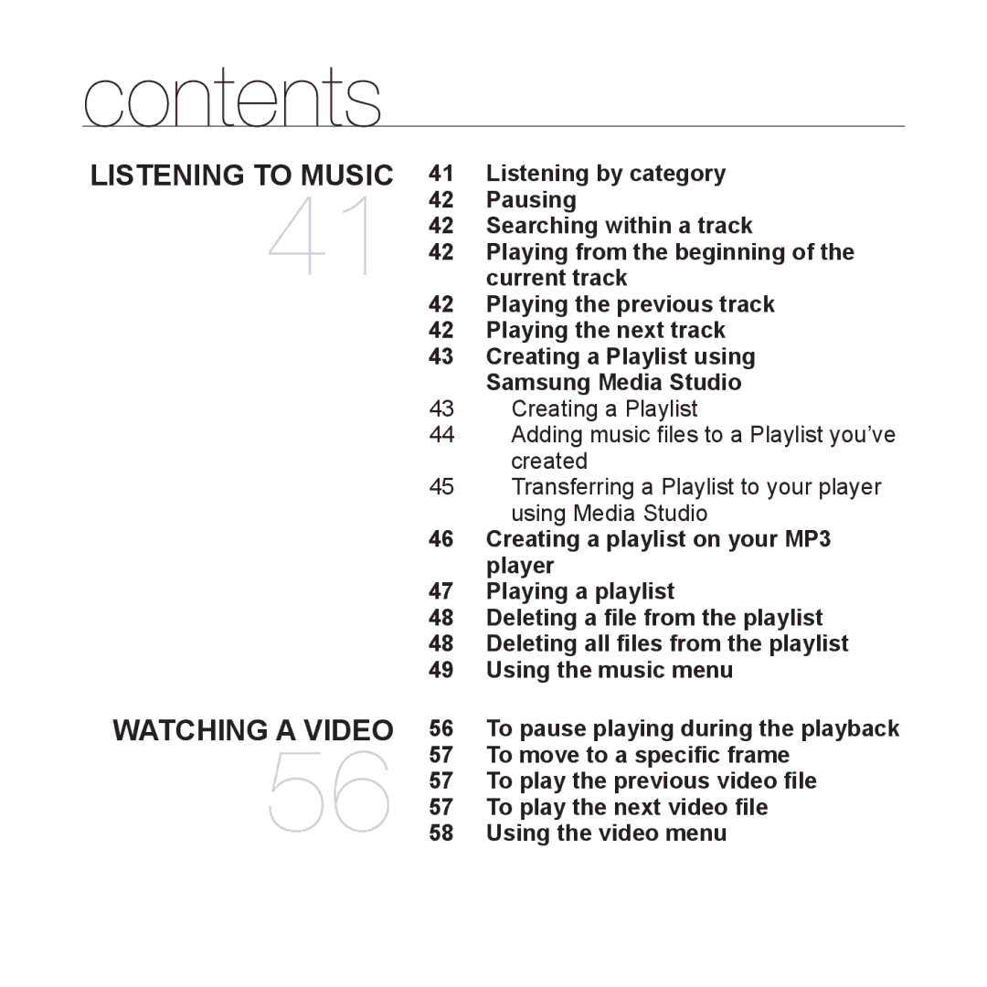 Samsung YP-T10QW/MEA, YP-T10AR/MEA Listening by category, Pausing, Searching within a track, To move to a speciﬁc frame 