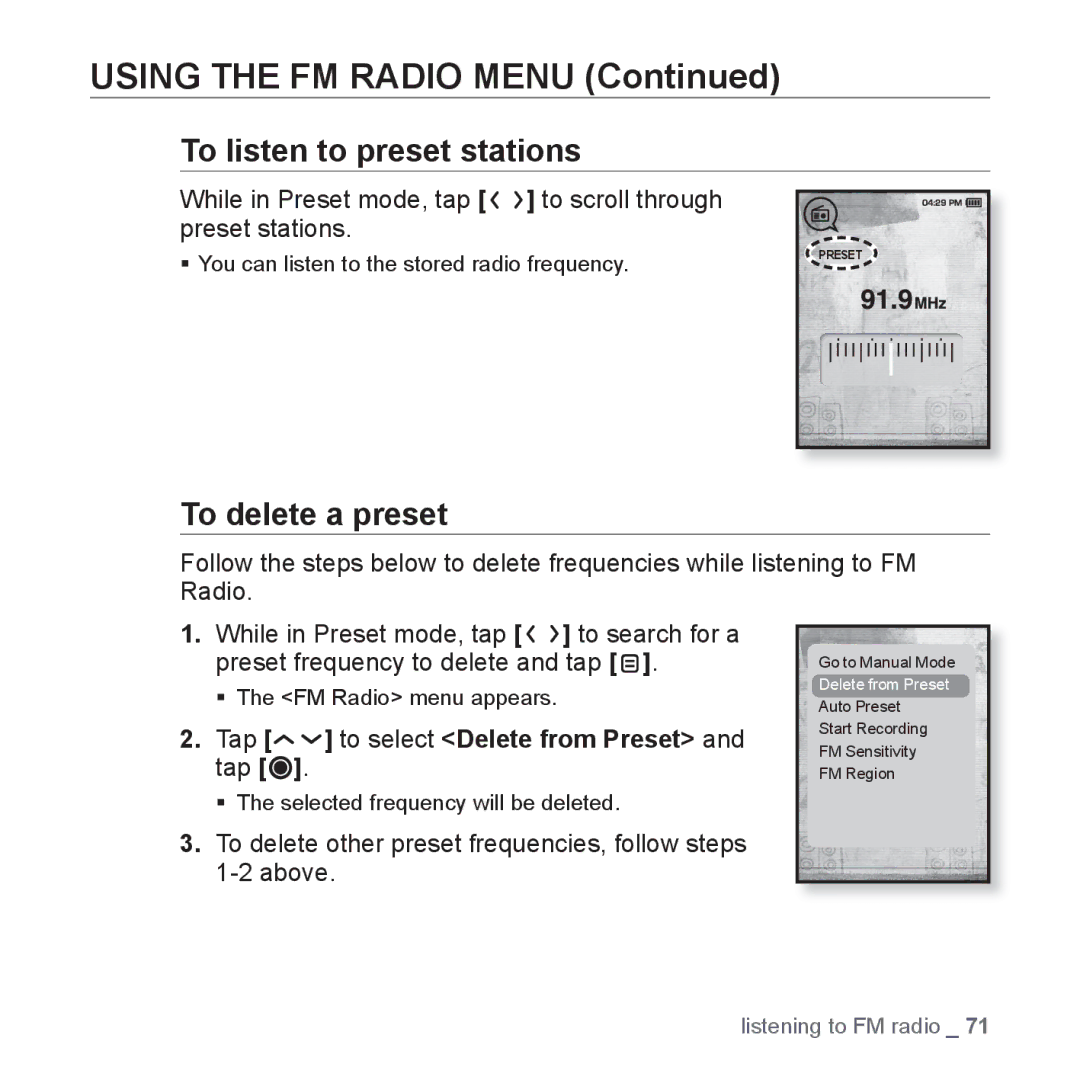 Samsung YP-T10QG/XSV manual To listen to preset stations, To delete a preset, Tap to select Delete from Preset and tap 