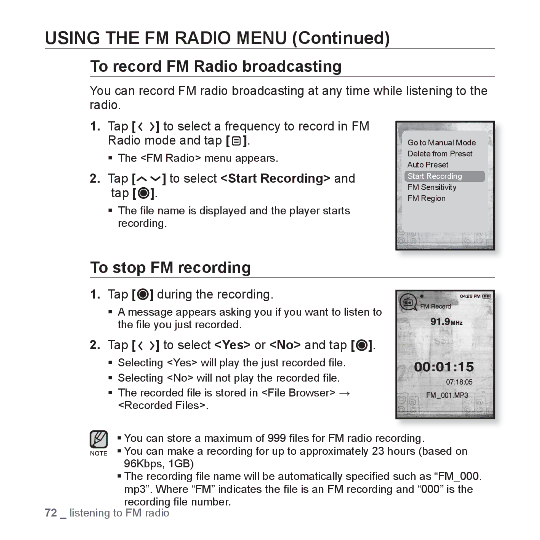 Samsung YP-T10QU/XSV manual To record FM Radio broadcasting, To stop FM recording, Tap to select Start Recording and tap 