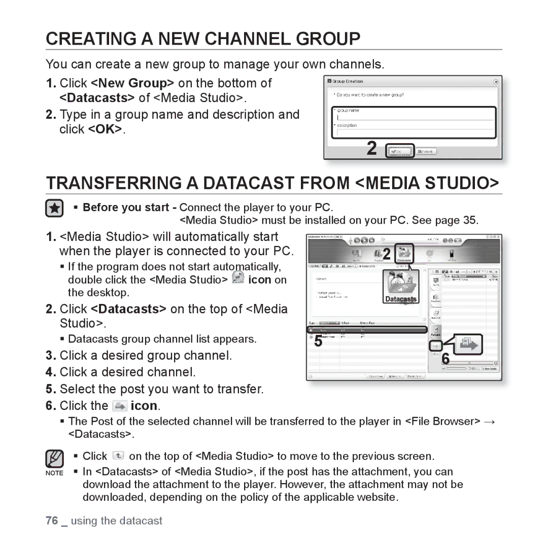 Samsung YP-T10AR/MEA, YP-T10AR/AAW, YP-T10AW/MEA Creating a NEW Channel Group, Transferring a Datacast from Media Studio 