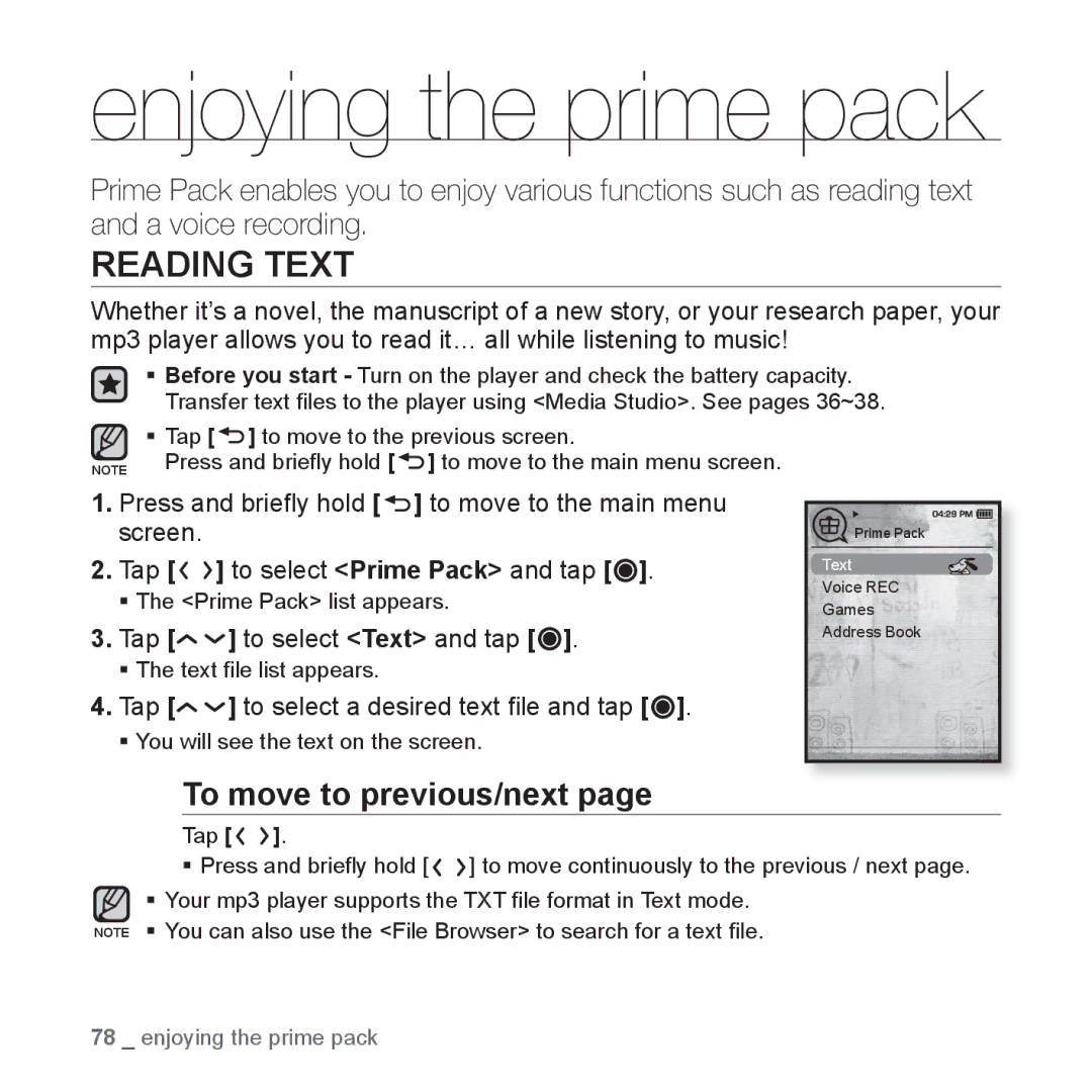 Samsung YP-T10AW/MEA manual Enjoying the prime pack, Reading Text, To move to previous/next, Tap to select Text and tap 