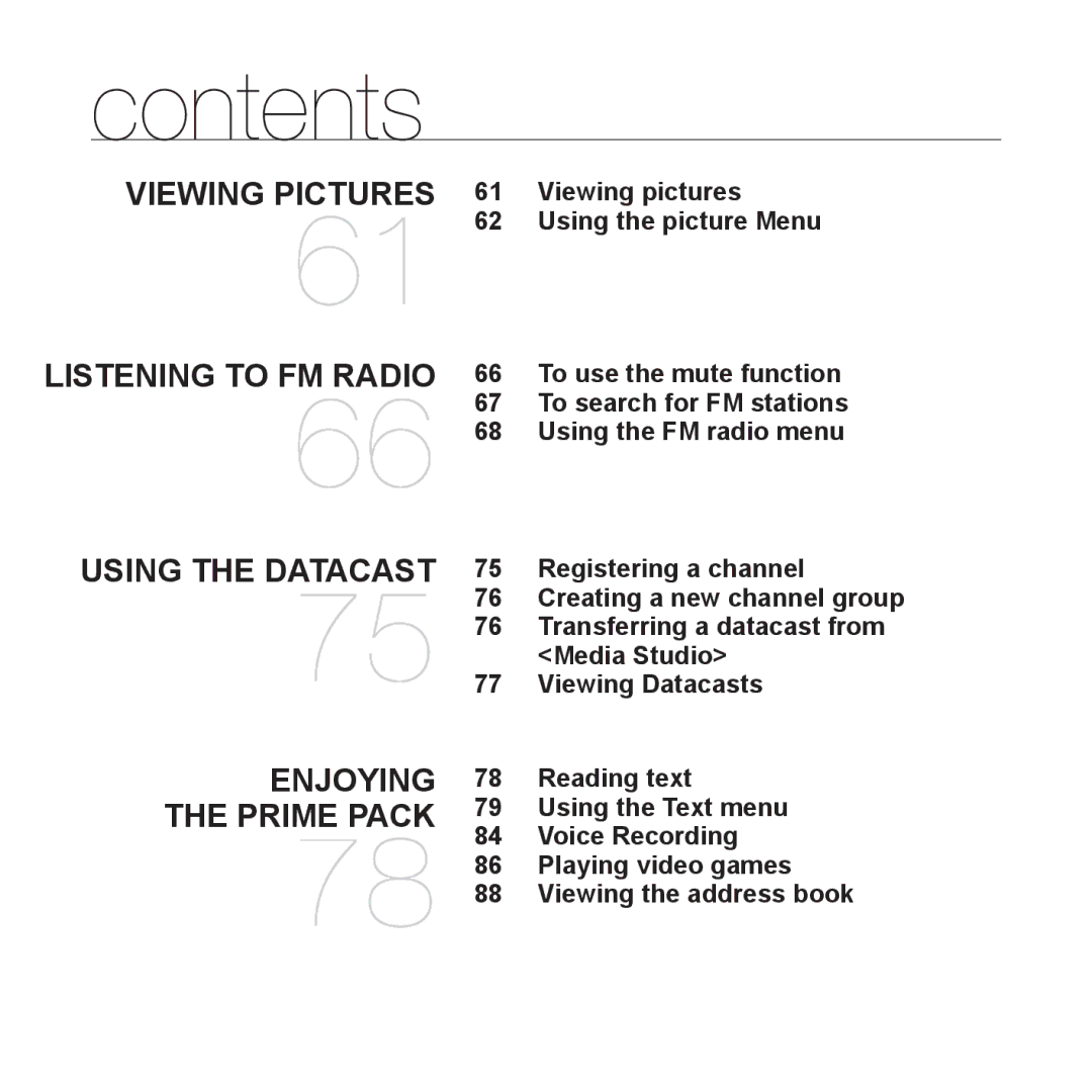 Samsung YP-T10QG/AAW manual Viewing pictures Using the picture Menu, Registering a channel, Media Studio, Viewing Datacasts 