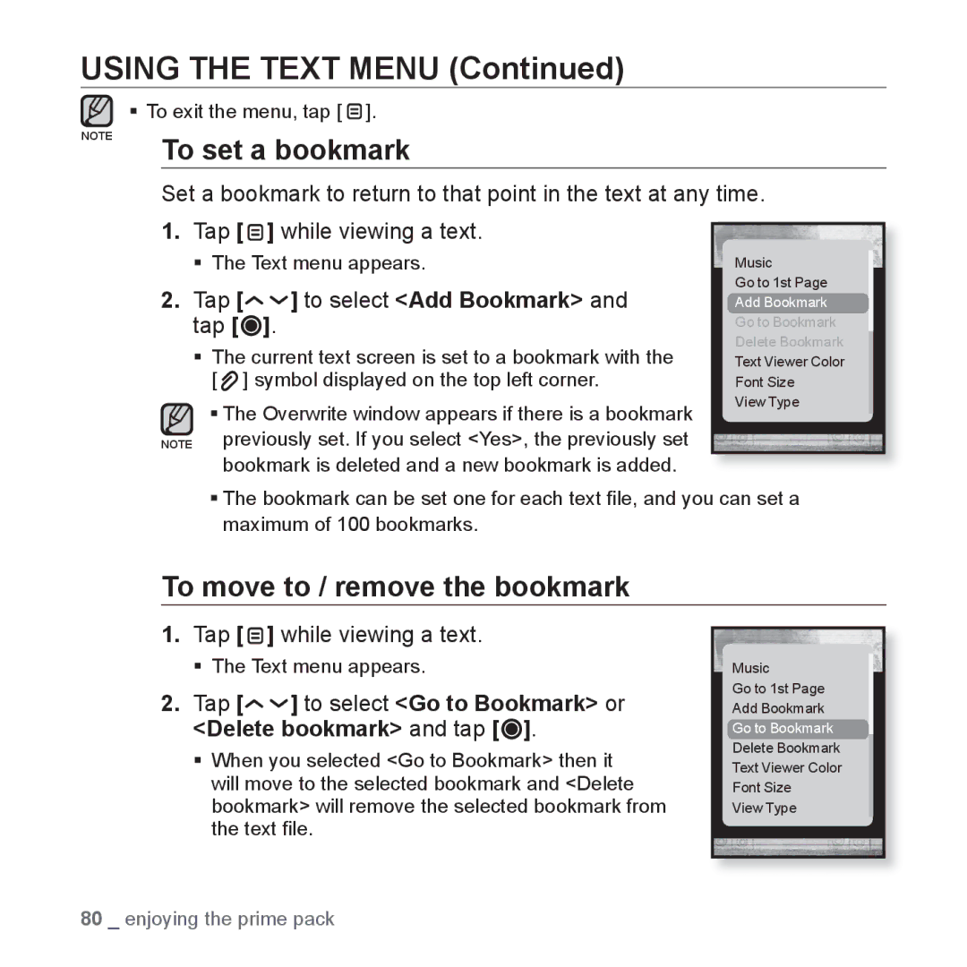 Samsung YP-T10AU/AAW, YP-T10AR/MEA, YP-T10AR/AAW, YP-T10AW/MEA manual Using the Text Menu, To move to / remove the bookmark 