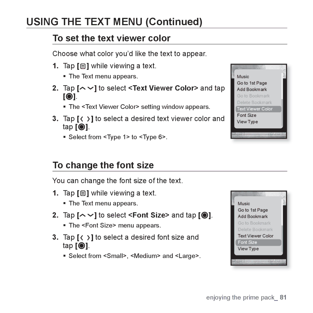 Samsung YP-T10CB/MEA manual To set the text viewer color, To change the font size, Tap to select Text Viewer Color and tap 