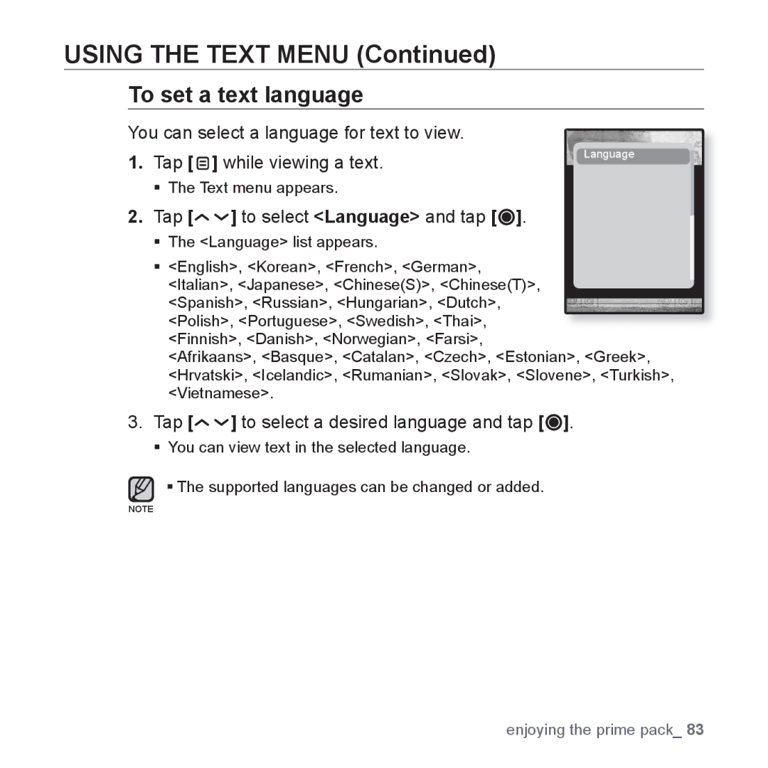 Samsung YP-T10QW/MEA, YP-T10AR/MEA, YP-T10AR/AAW manual To set a text language, Tap to select a desired language and tap 