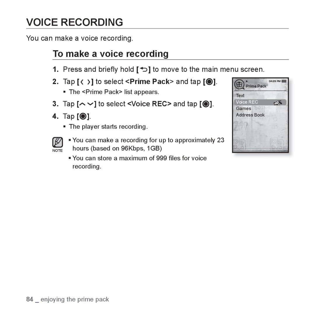 Samsung YP-T10QG/AAW, YP-T10AR/MEA, YP-T10AR/AAW Voice Recording, To make a voice recording, You can make a voice recording 