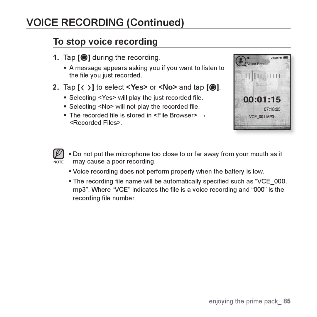 Samsung YP-T10QB/AAW, YP-T10AR/MEA, YP-T10AR/AAW, YP-T10AW/MEA, YP-T10QR/MEA manual Voice Recording, To stop voice recording 