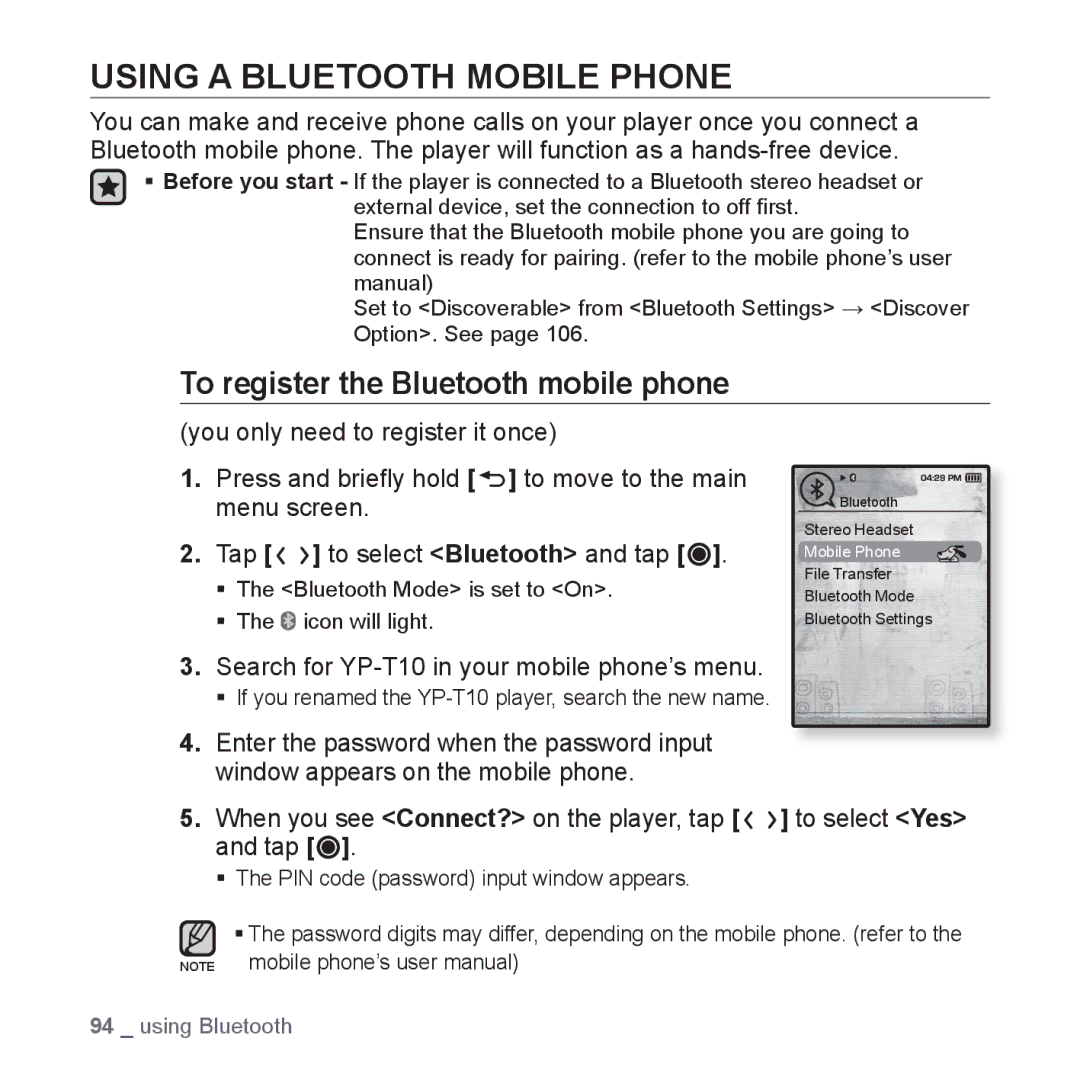 Samsung YP-T10QU/MEA, YP-T10AR/MEA, YP-T10AR/AAW Using a Bluetooth Mobile Phone, To register the Bluetooth mobile phone 