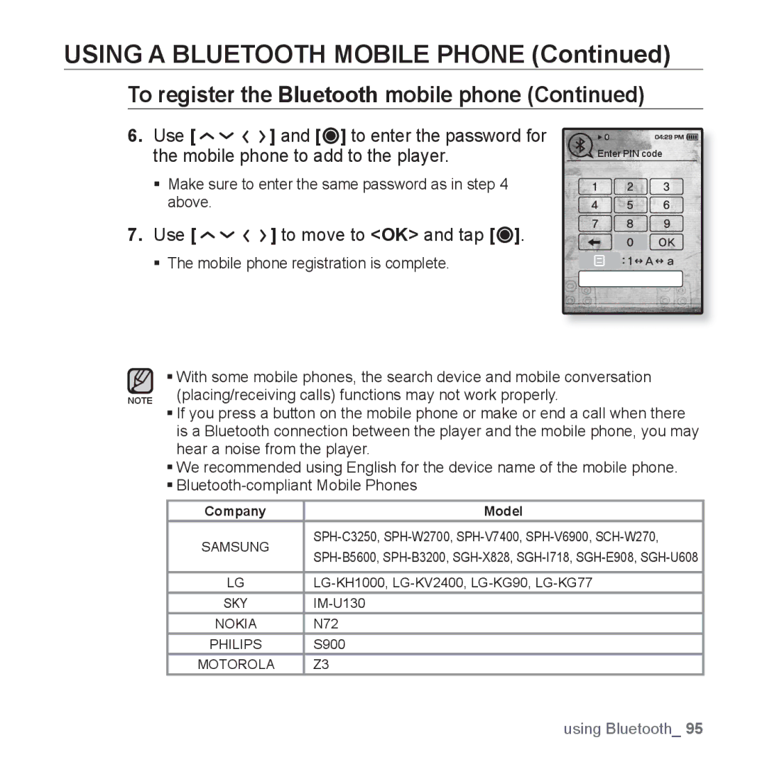 Samsung YP-T10AB/HAC, YP-T10AR/MEA, YP-T10AR/AAW, YP-T10AW/MEA Using a Bluetooth Mobile Phone, Use to move to OK and tap 