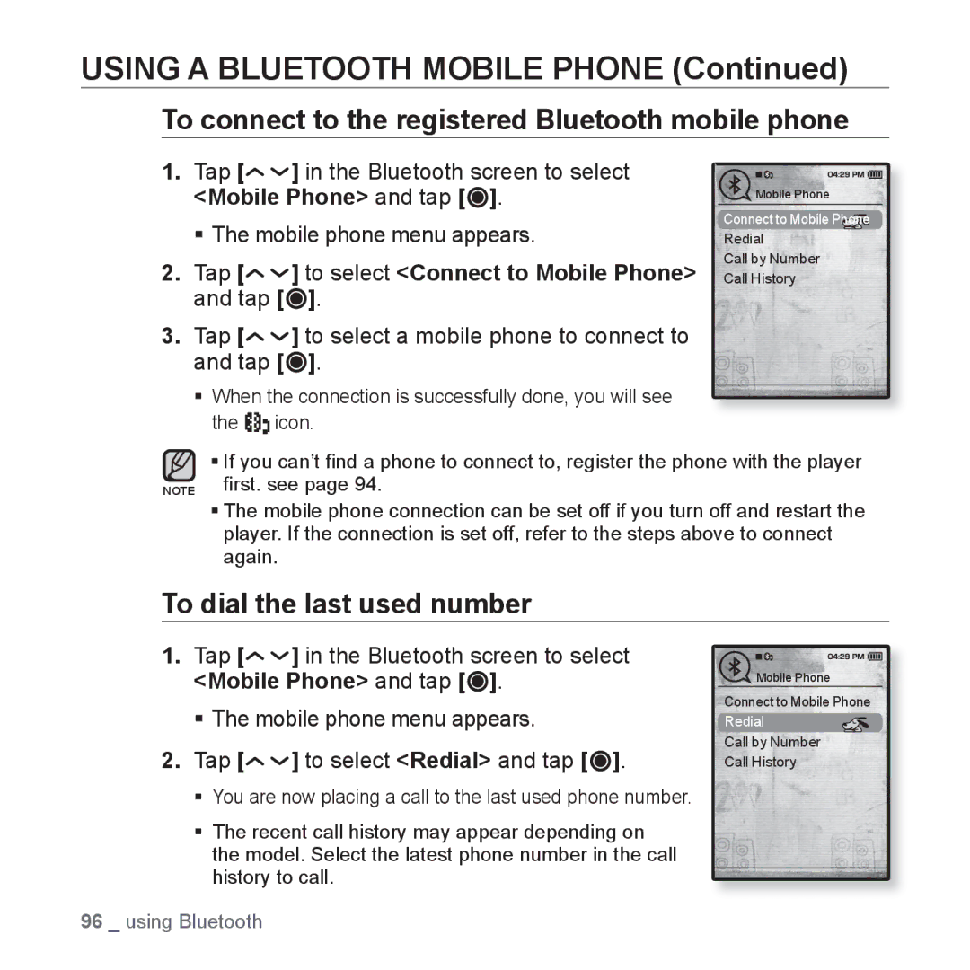 Samsung YP-T10QB/MEA, YP-T10AR/MEA manual To connect to the registered Bluetooth mobile phone, To dial the last used number 