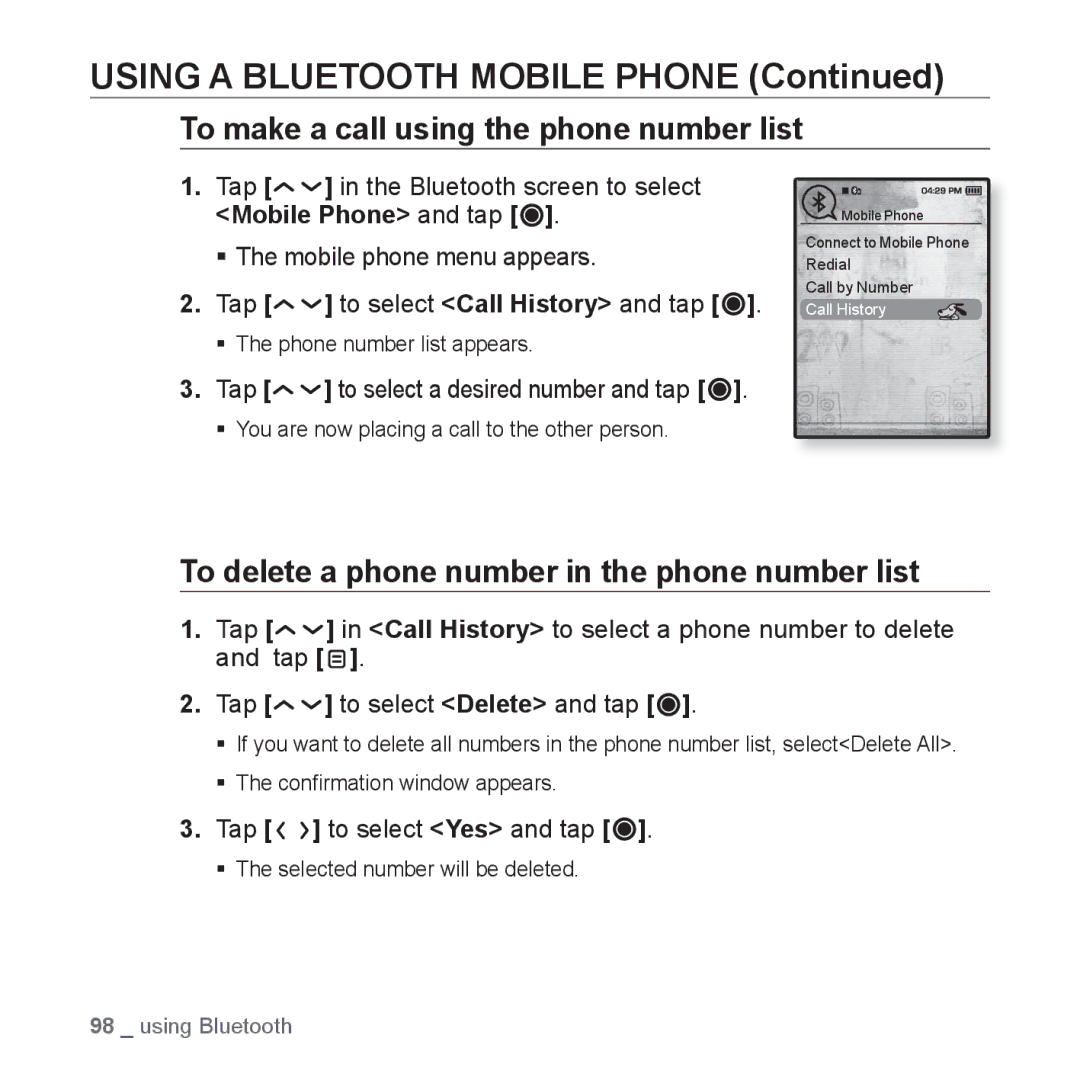 Samsung YP-T10AB/AAW manual To make a call using the phone number list, To delete a phone number in the phone number list 