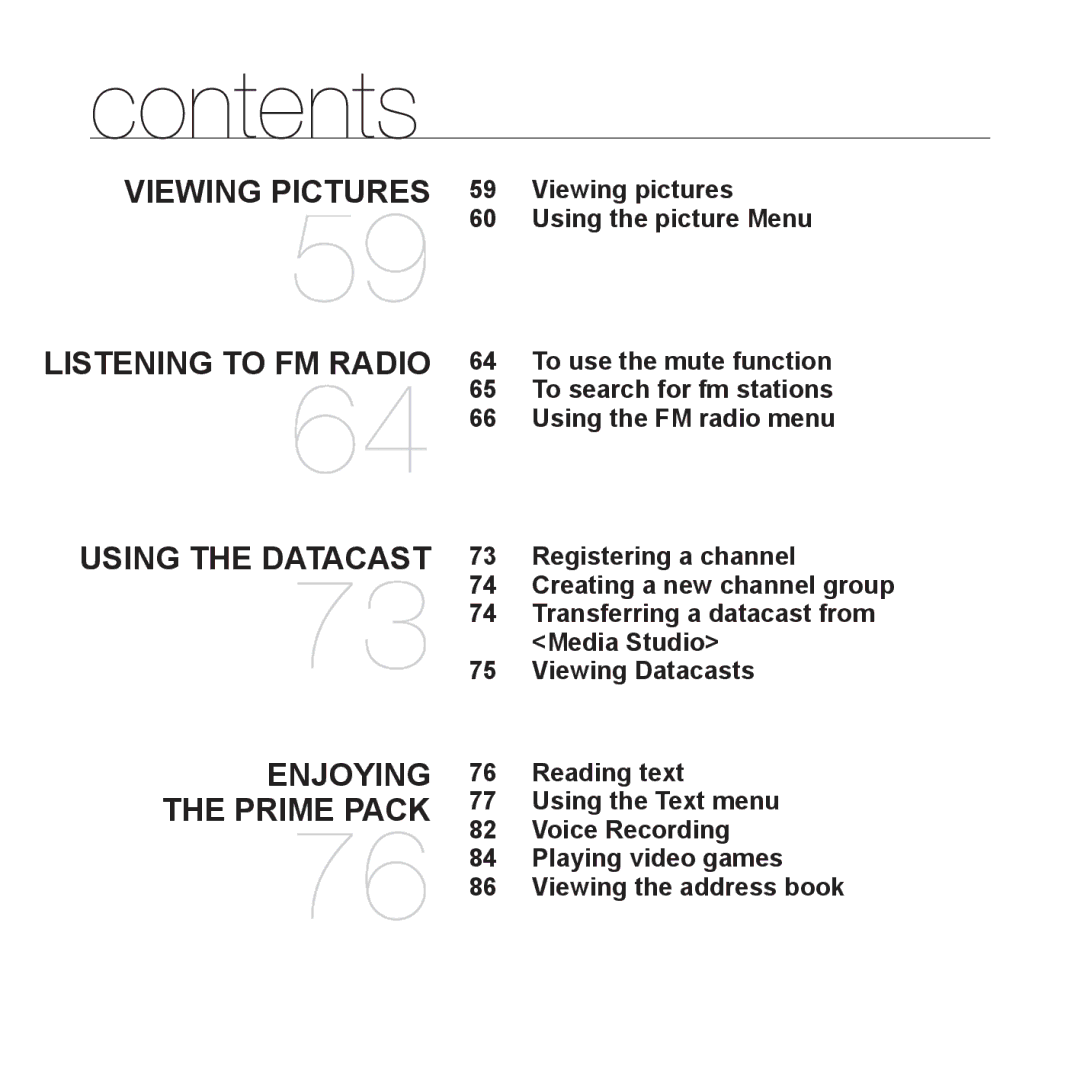 Samsung YP-T10JARY Viewing pictures Using the picture Menu, Registering a channel, Media Studio, Viewing Datacasts 