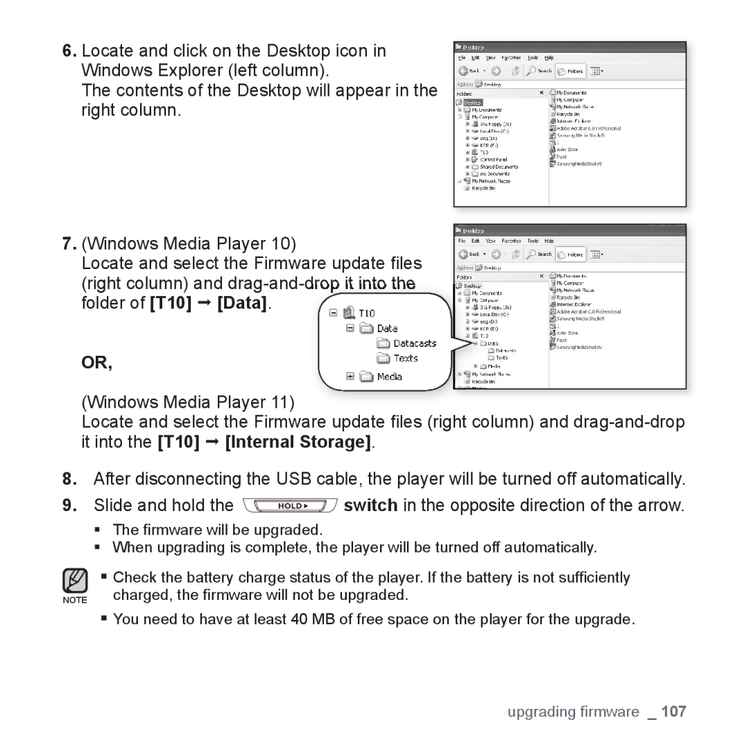 Samsung YP-T10JARY user manual Upgrading ﬁrmware 