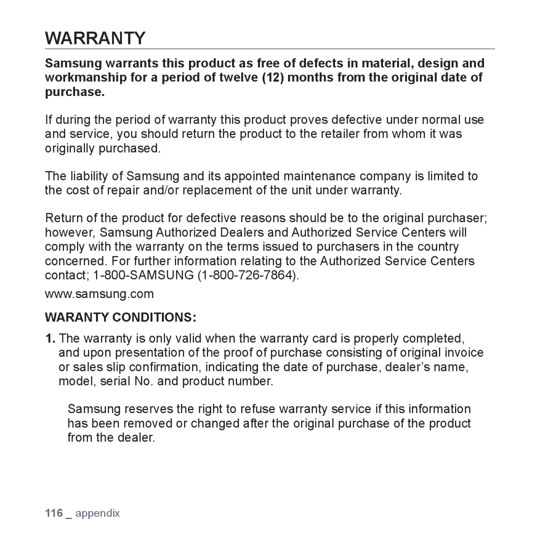 Samsung YP-T10JARY user manual Warranty, Waranty Conditions 