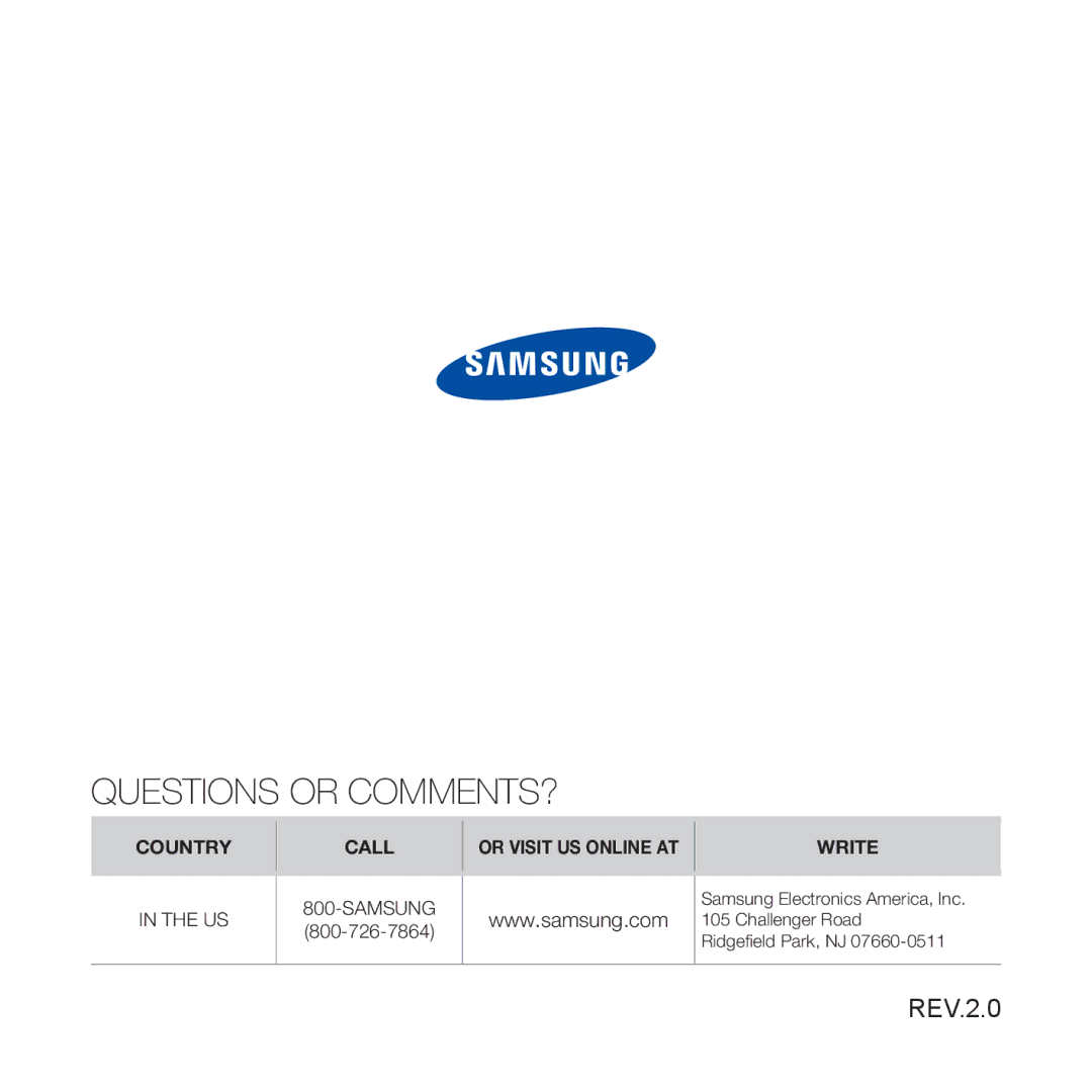 Samsung YP-T10JARY user manual Questions or COMMENTS?, REV.2.0 