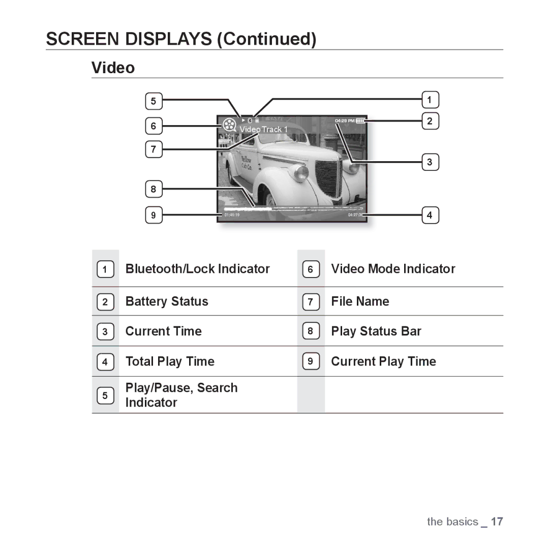 Samsung YP-T10JARY user manual Screen Displays, Video 