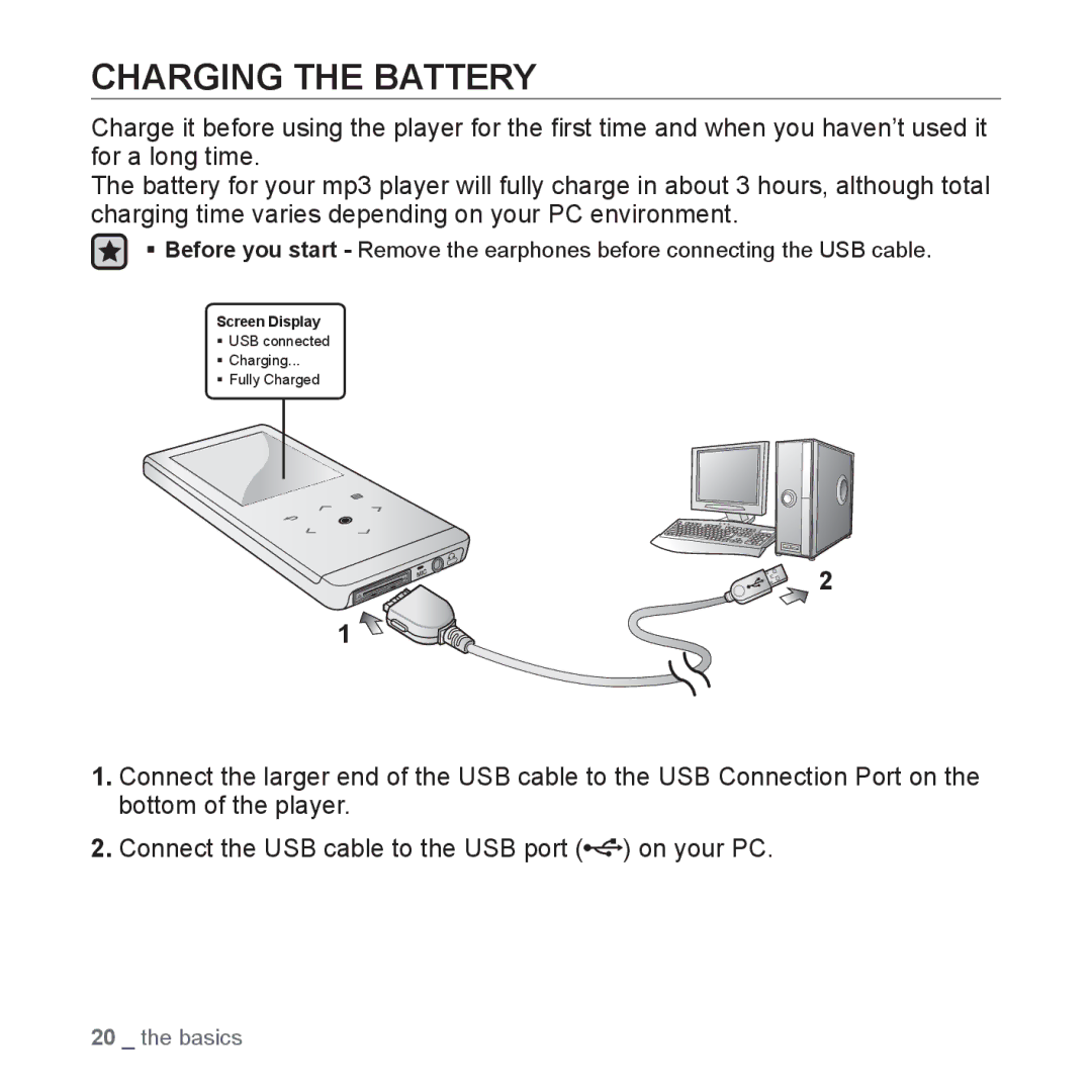 Samsung YP-T10JARY user manual Charging the Battery 